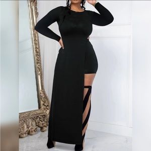 BLACK LONG SLEEVE ASYMMETRICAL HEM TOP & SHORT SET